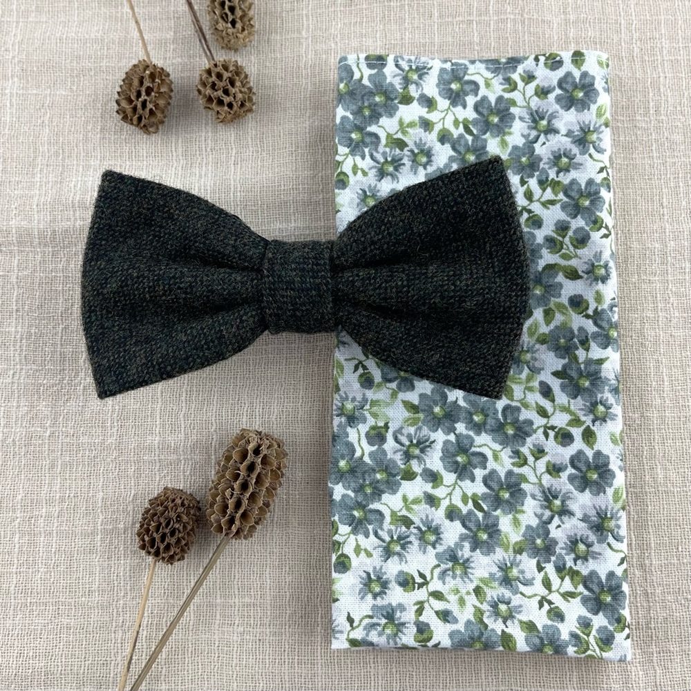 Men’s Dark Green Tweed Bow Tie & White Floral Pocket Square Set